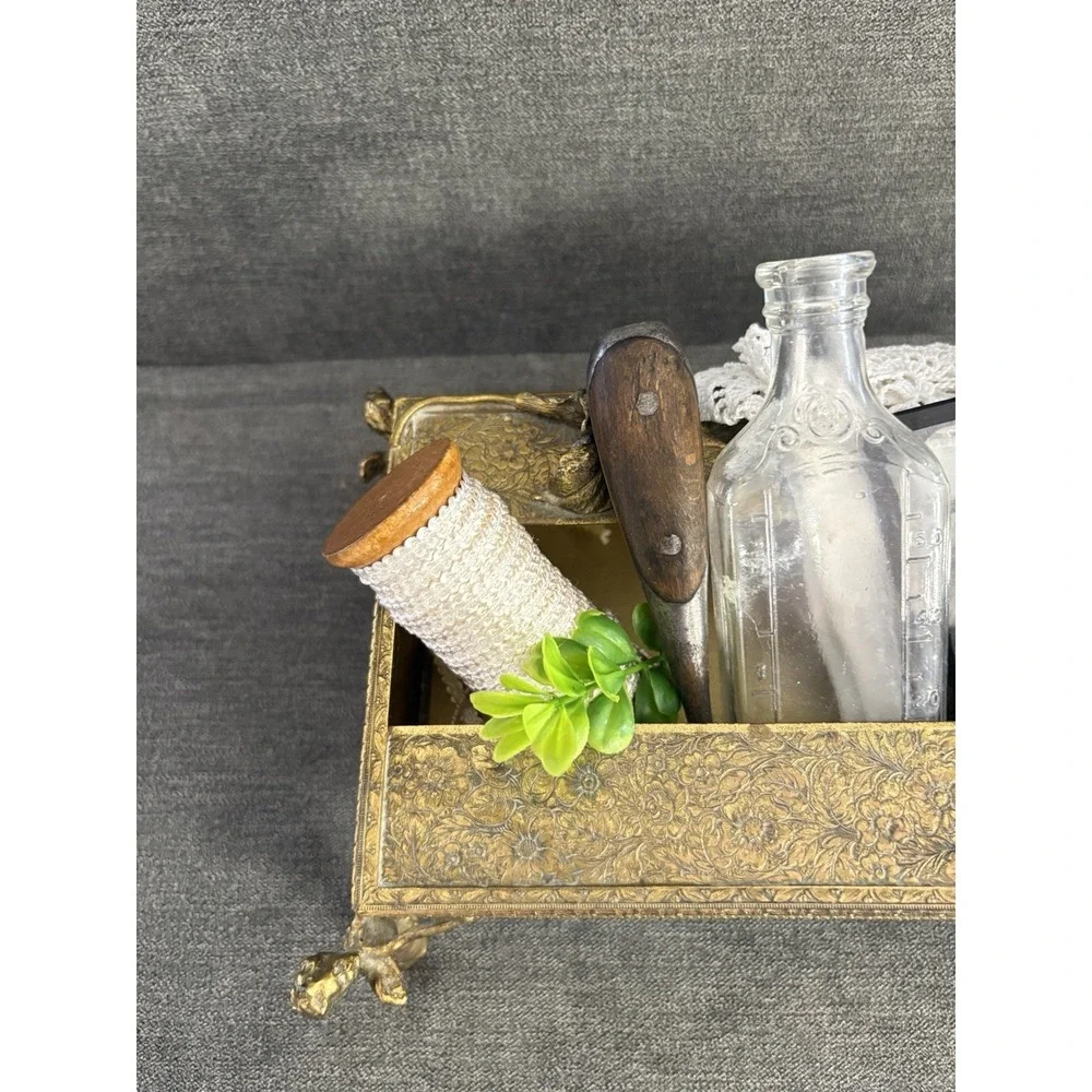 Vintage Upcycled Repurposed‎ Primitive Vignette Decor Gold Metal Tissue Box